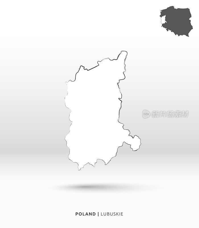 Lubuskie Voivodeship -波兰政治分区的一个孤立区域-一张白纸，上面有不均匀的轮廓边界，白纸背景和光影-简单的插图，矢量3D效果